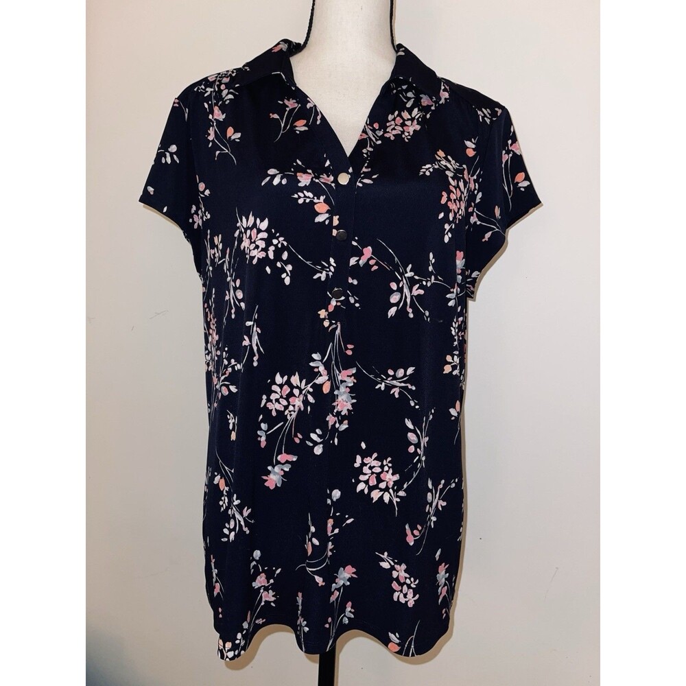 Croft & Barrow Blouse Floral XXL Collar Navy Dark Pink Flowers Buttons